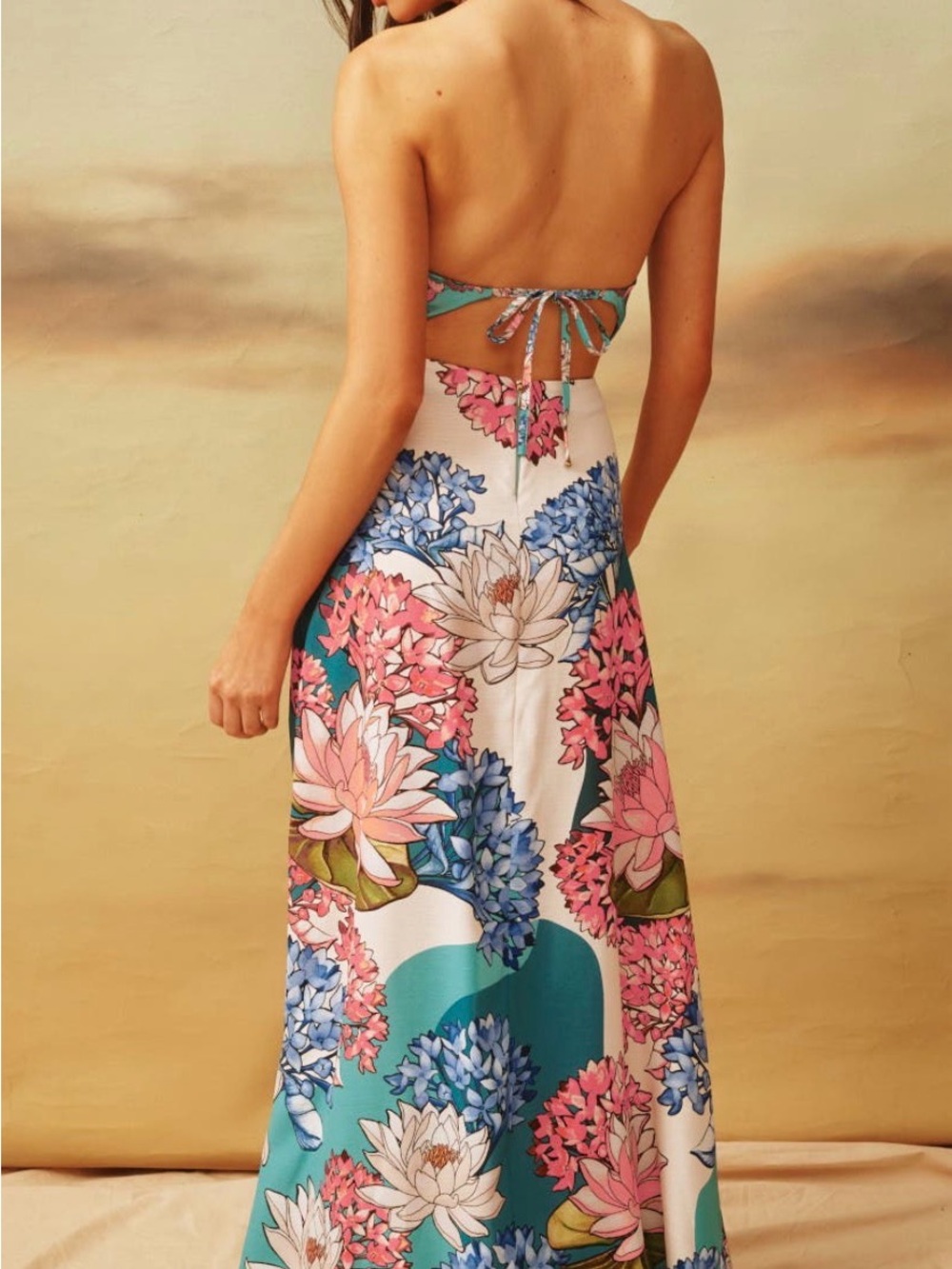 Floral Halter Maxi Dress in Teal and Pink - Picture 2 of 6